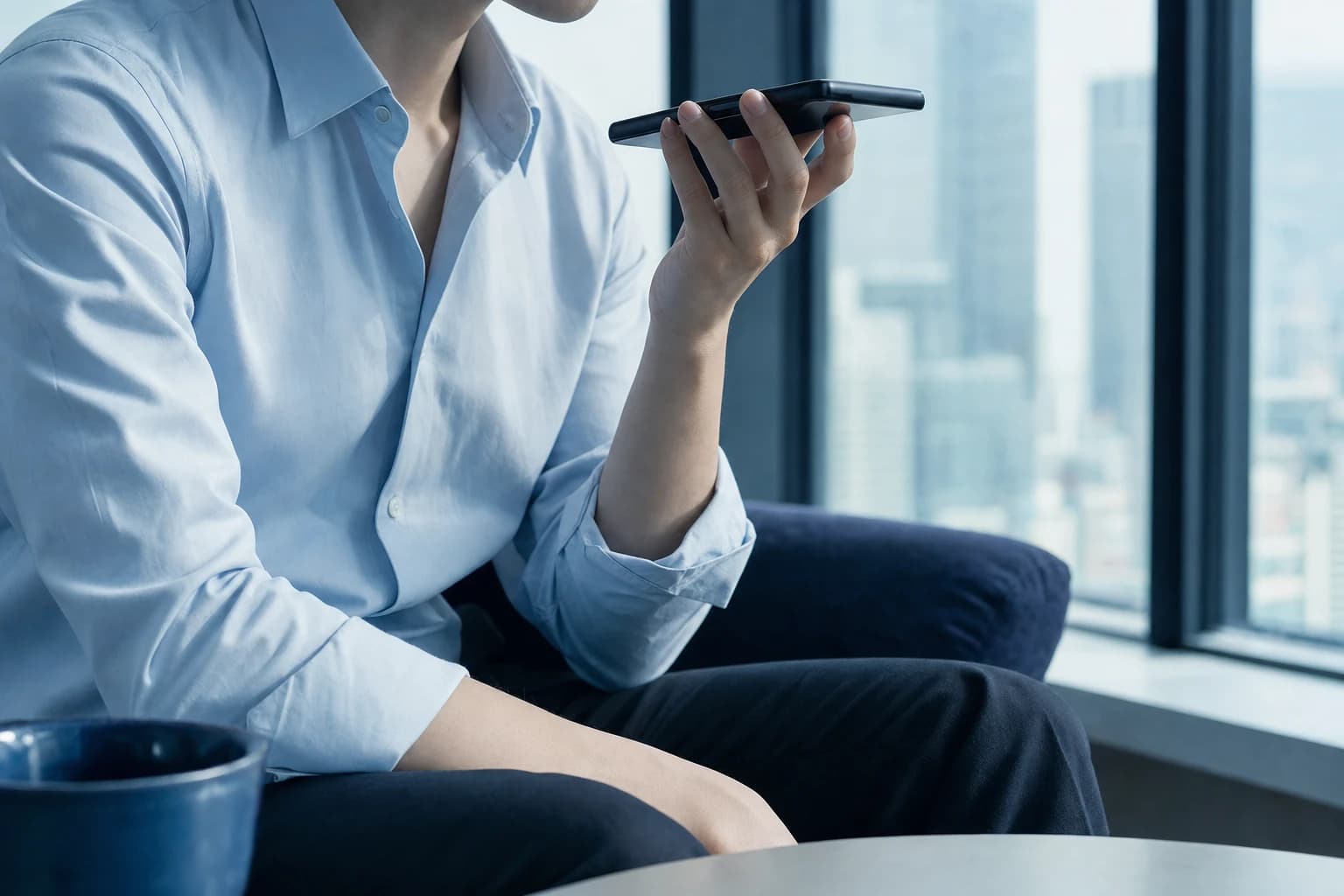 A person recording a short voice note on a smartphone in cool window light